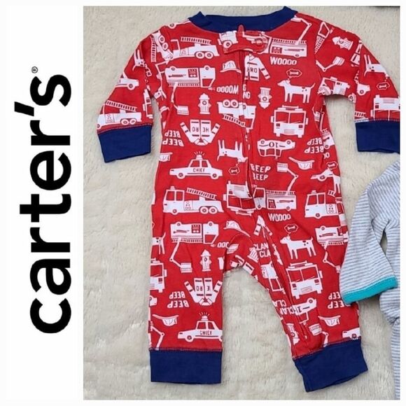 Carter's 3M Red Cotton Firetruck Zipper Pajama PJs Baby Boys Onesie Sleeper - Picture 1 of 3